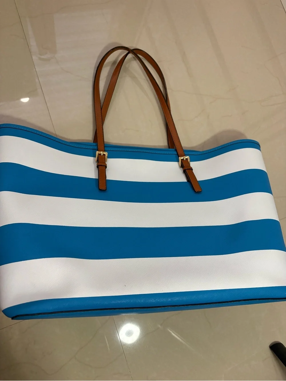 Brand new Michael Kors Turquoise and White Striped Tote